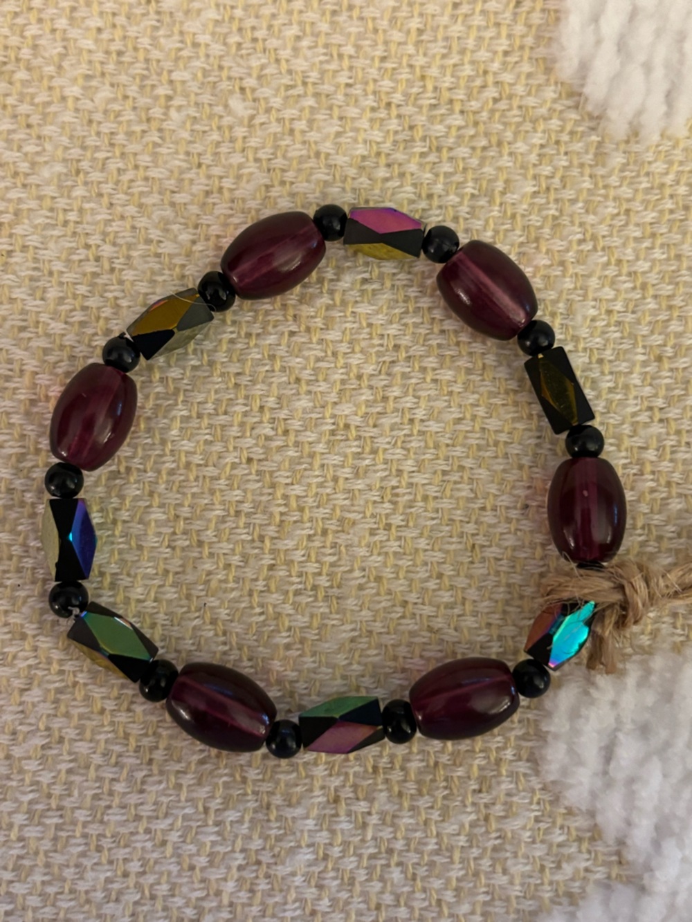 Beaded Stretch Bracelet — Deep Burgundy and Iridescent Accents